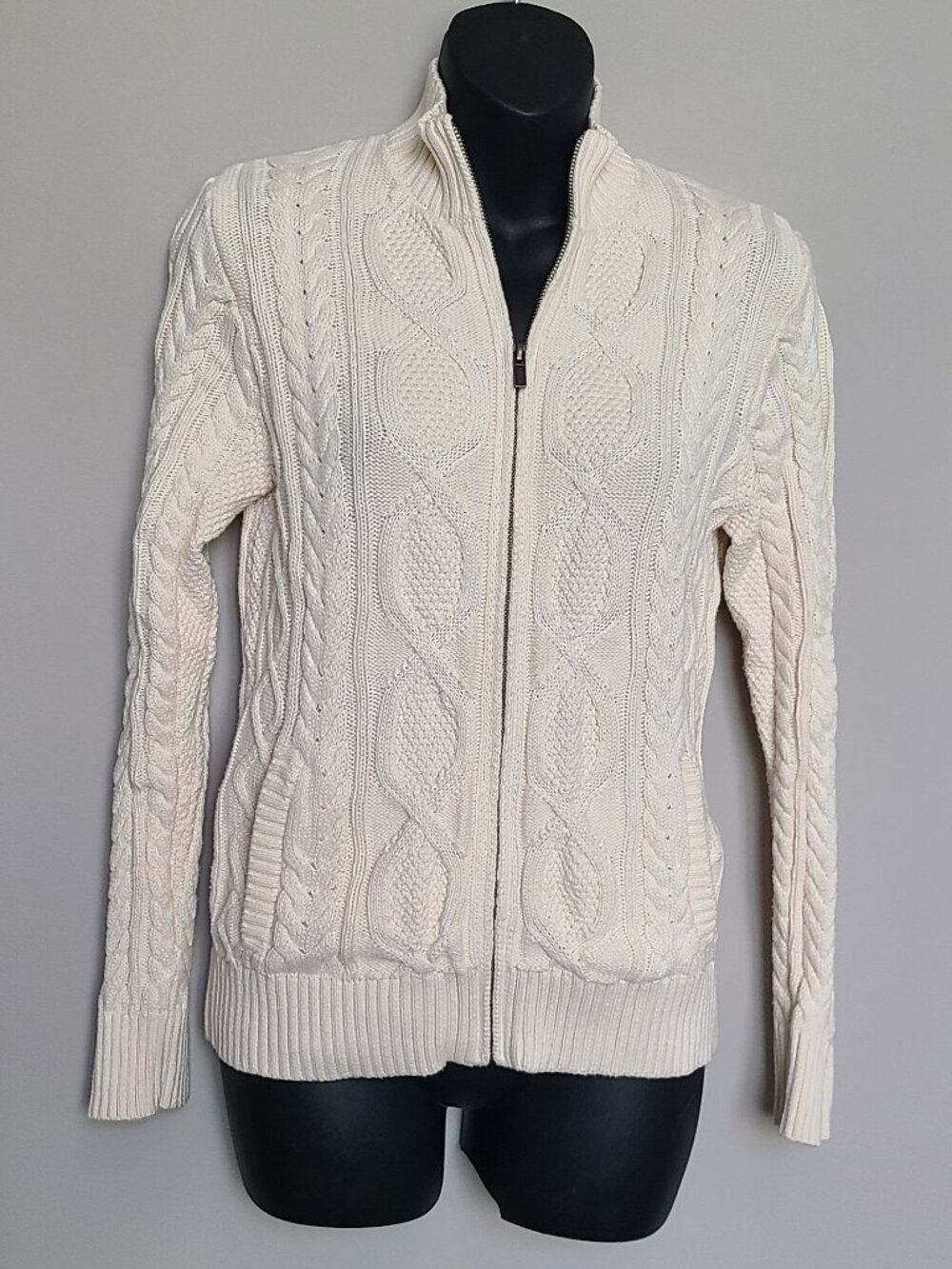 L L Bean XS Organic Cotton Full Zipper Cable knit sweater cardigan fisherman